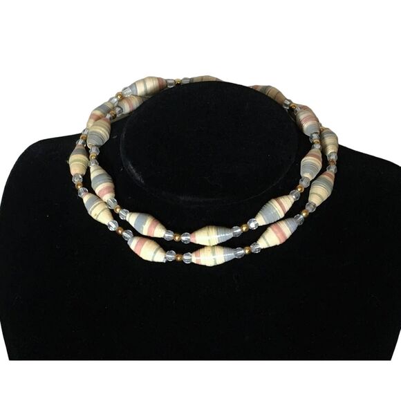 80s Vintage Lacquered Paper Swirl Beaded Necklace, Blue and Mauve - Picture 2 of 3